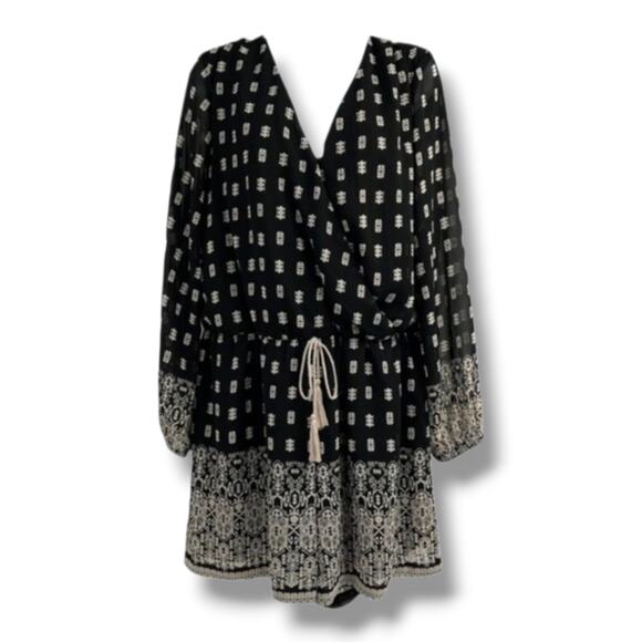 Japna Pants - Japna Women’s Black Boho Long Sleeve Romper with Tassel Tie Waist – Size Medium